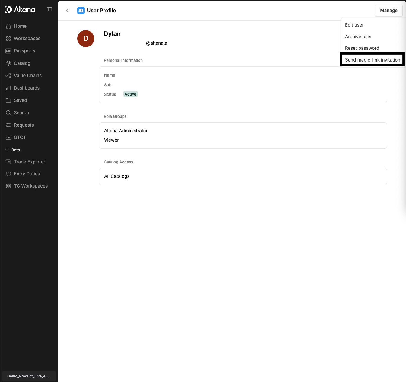 User Profile page showing Send magic-link invitation button in the Manage dropdown menu