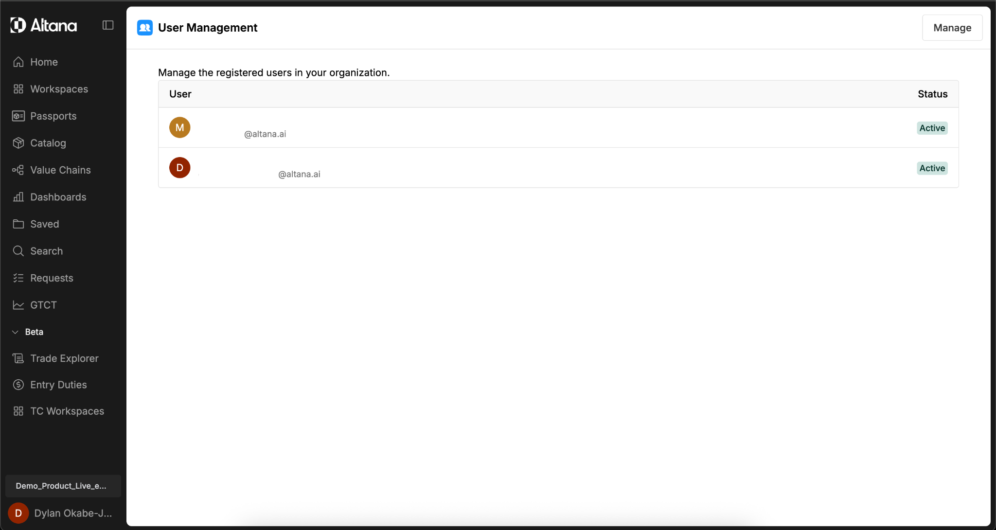 User Management page showing list of registered users