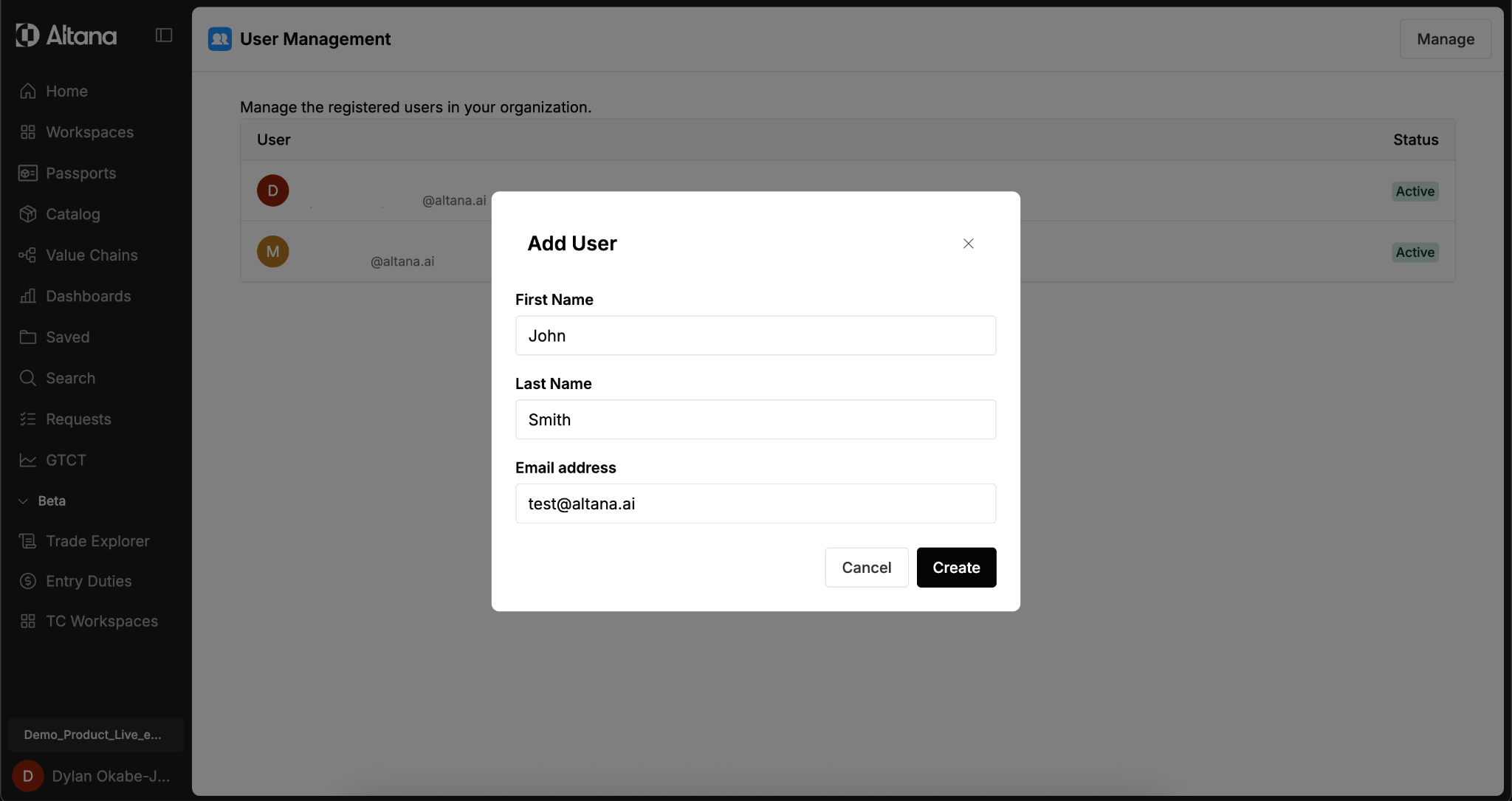Add User dialog showing fields for first name, last name, and email address