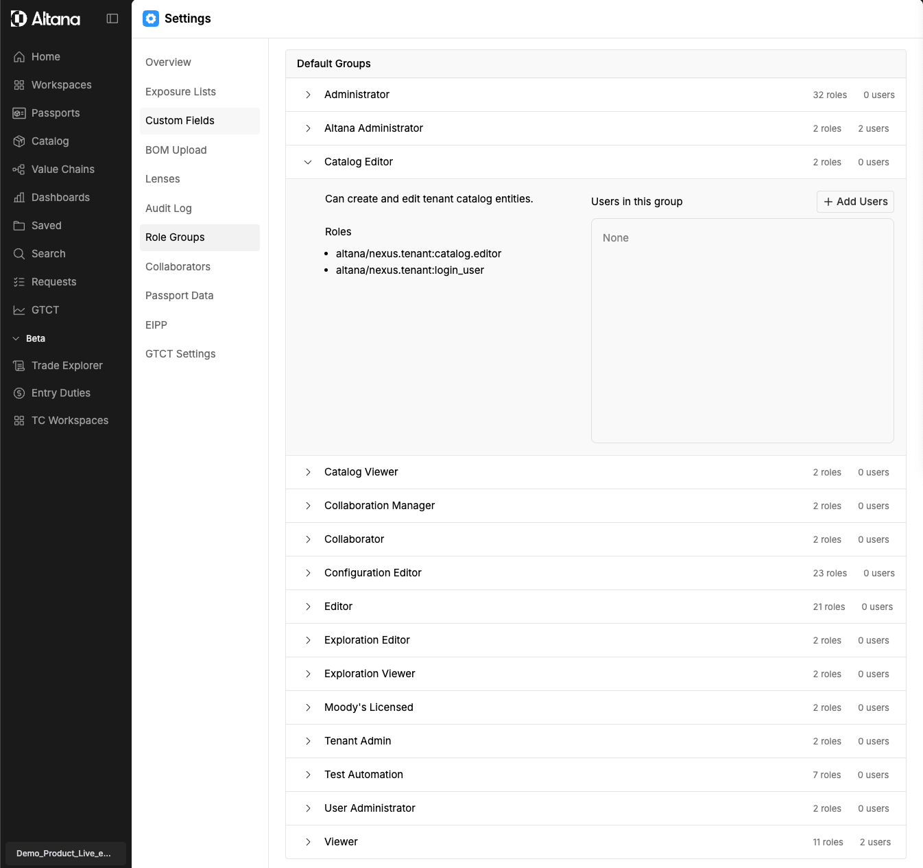 Settings page showing Role Groups with Catalog Editor expanded and Add Users button visible