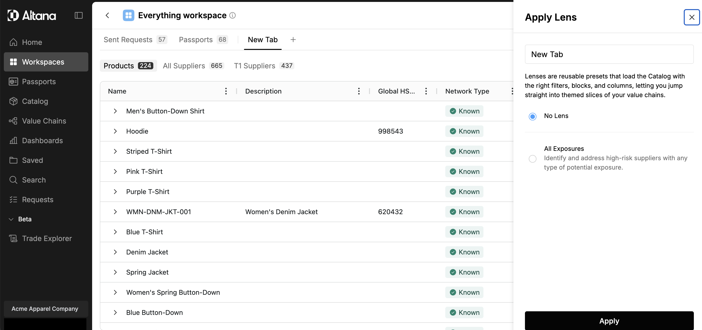The Apply Lens side sheet open inside a workspace, showing the Tab Name field and available lens options