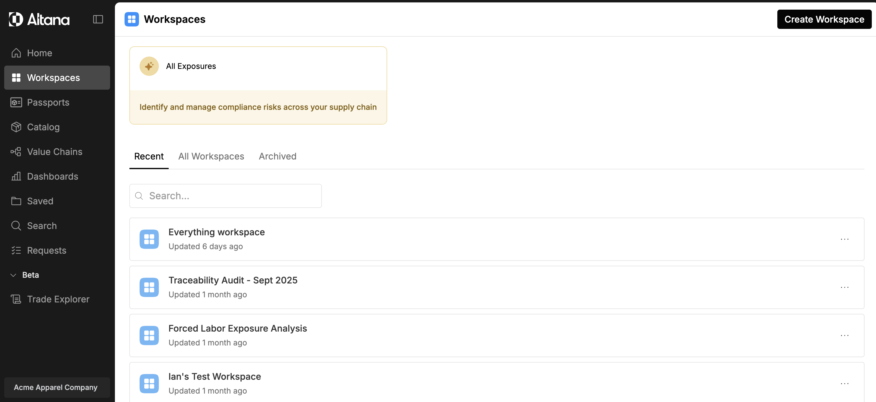 The Workspaces page showing a list of recent workspaces
