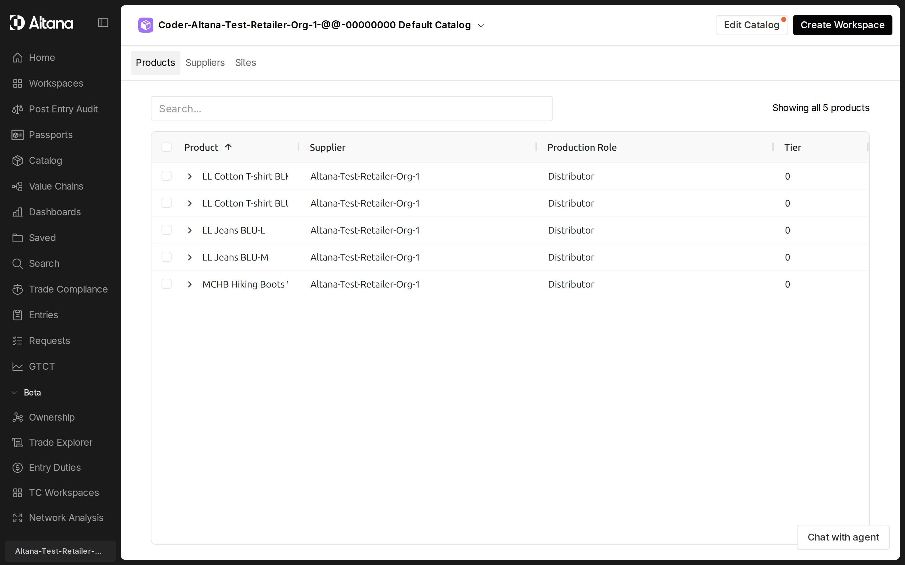The Catalog Products view listing products with Supplier, Production Role, and Tier columns, plus the Products, Suppliers, and Sites tabs