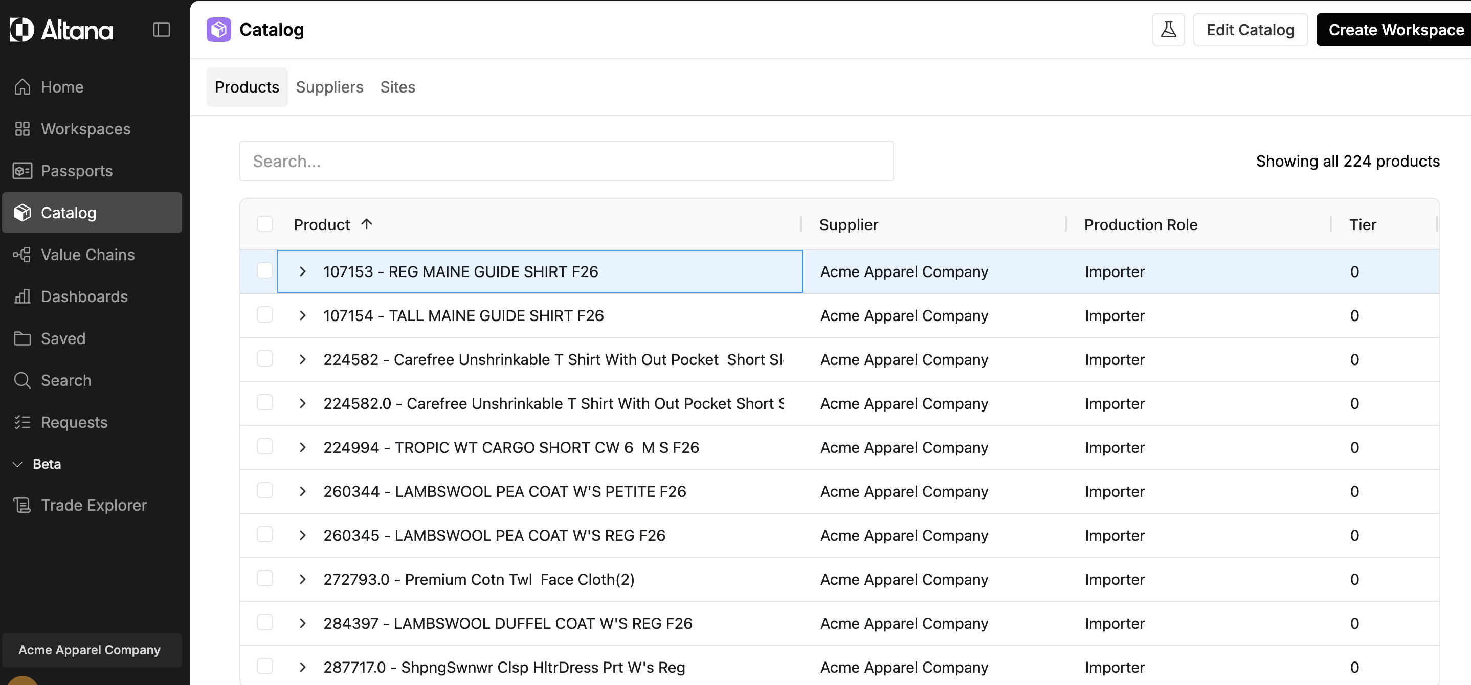 The Catalog Products tab showing the product list and Create Workspace button