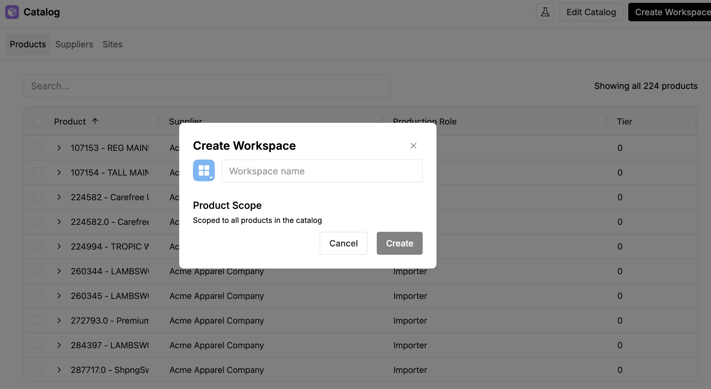 The Create Workspace dialog showing the Workspace name field and Product Scope