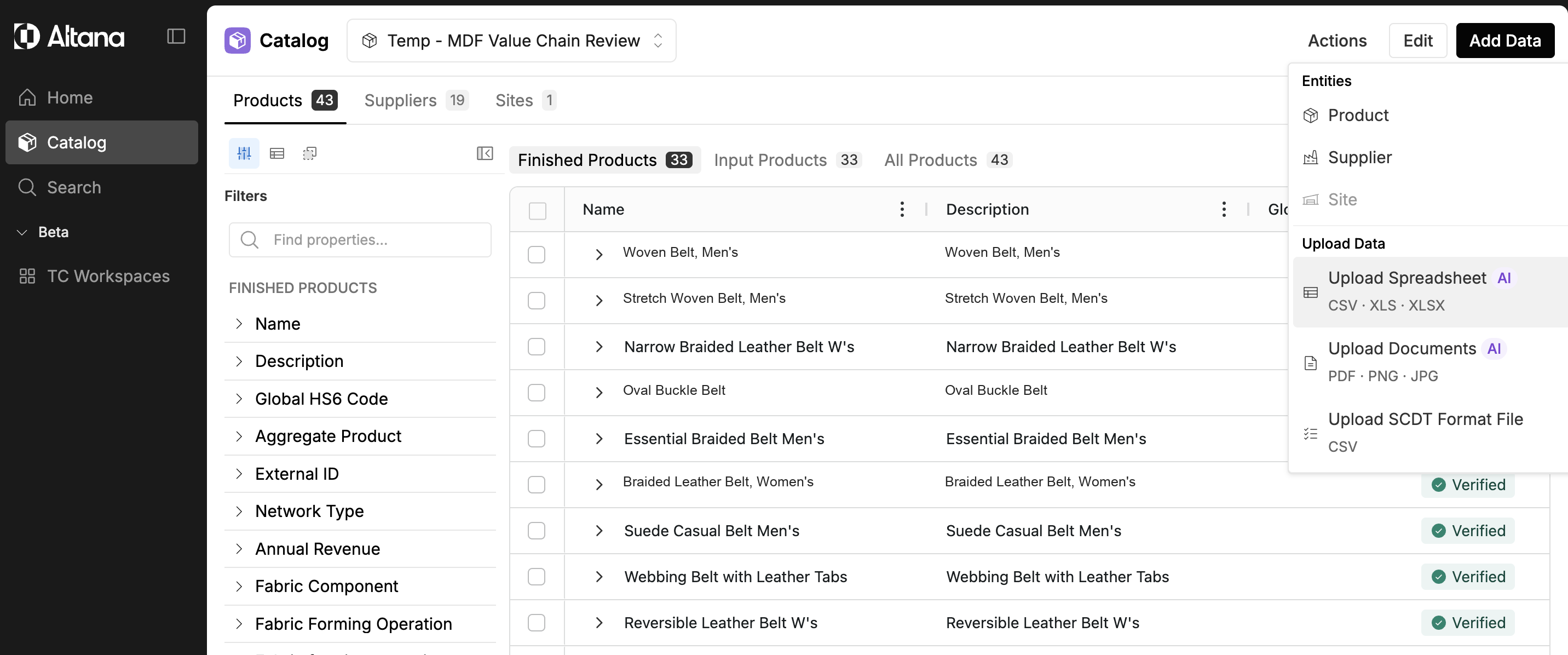 The Add Data menu open on the catalog, showing Upload Spreadsheet, Upload Documents, and Upload SCDT Format File