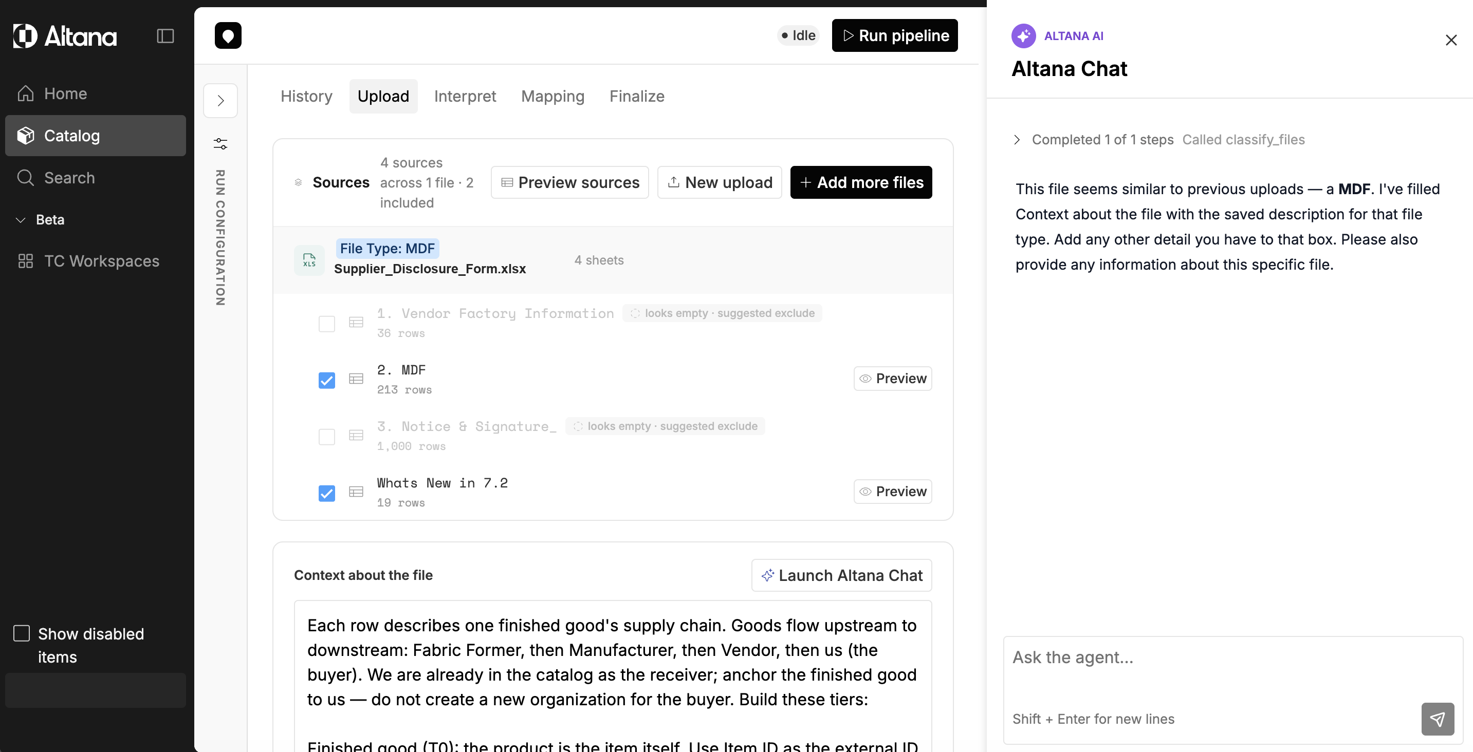 Altana Chat open beside the upload screen, having recognized the file type and filled in the saved context