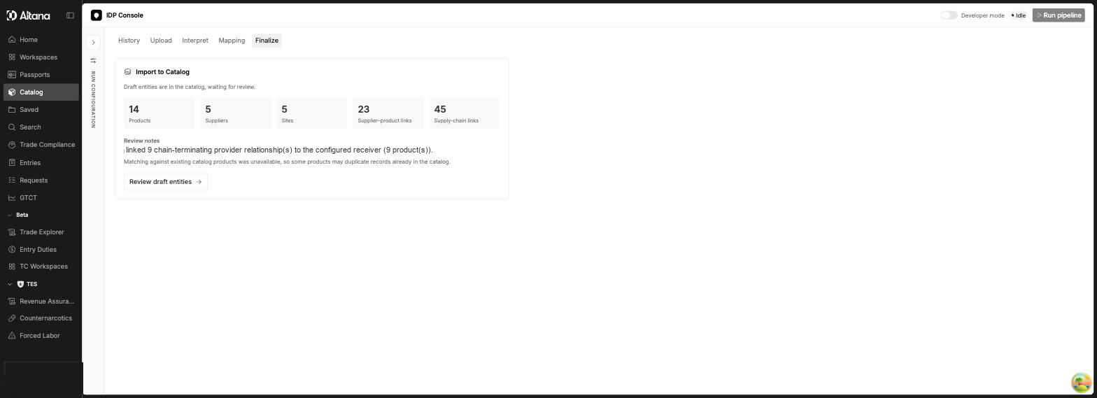 The Finalize tab after importing, with entity counts and review notes