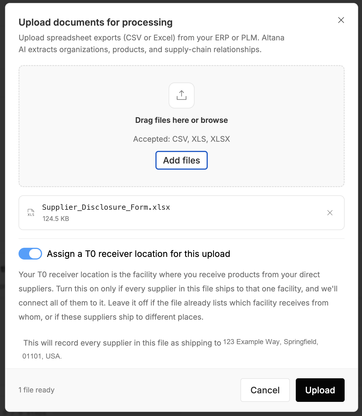 The upload dialog with the T0 receiver location switch on and a facility chosen