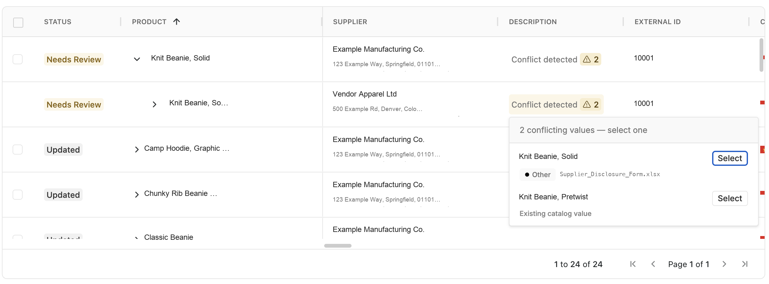 A conflict cell expanded to show two candidate values, one from the uploaded file and one from the catalog