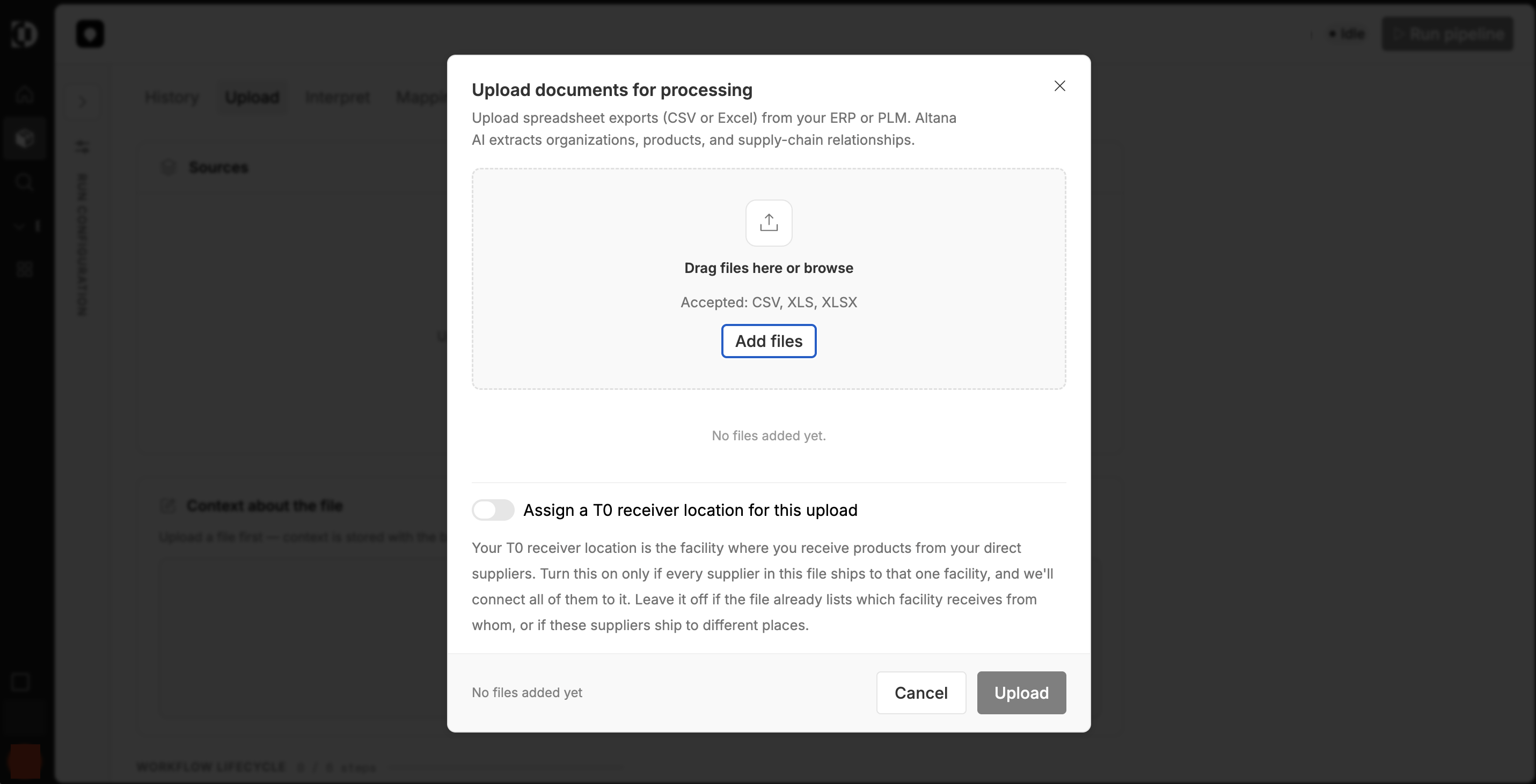 The upload dialog with the drop zone, accepted formats, and the T0 receiver switch