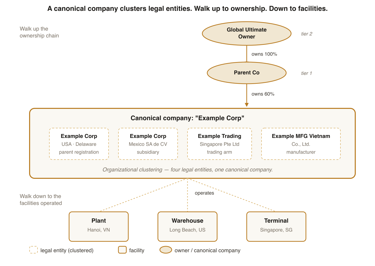 A canonical company clusters multiple legal entities. Above it sits an ownership chain of parent companies; at the top, the Global Ultimate Owner. Below it, the facilities the company operates.