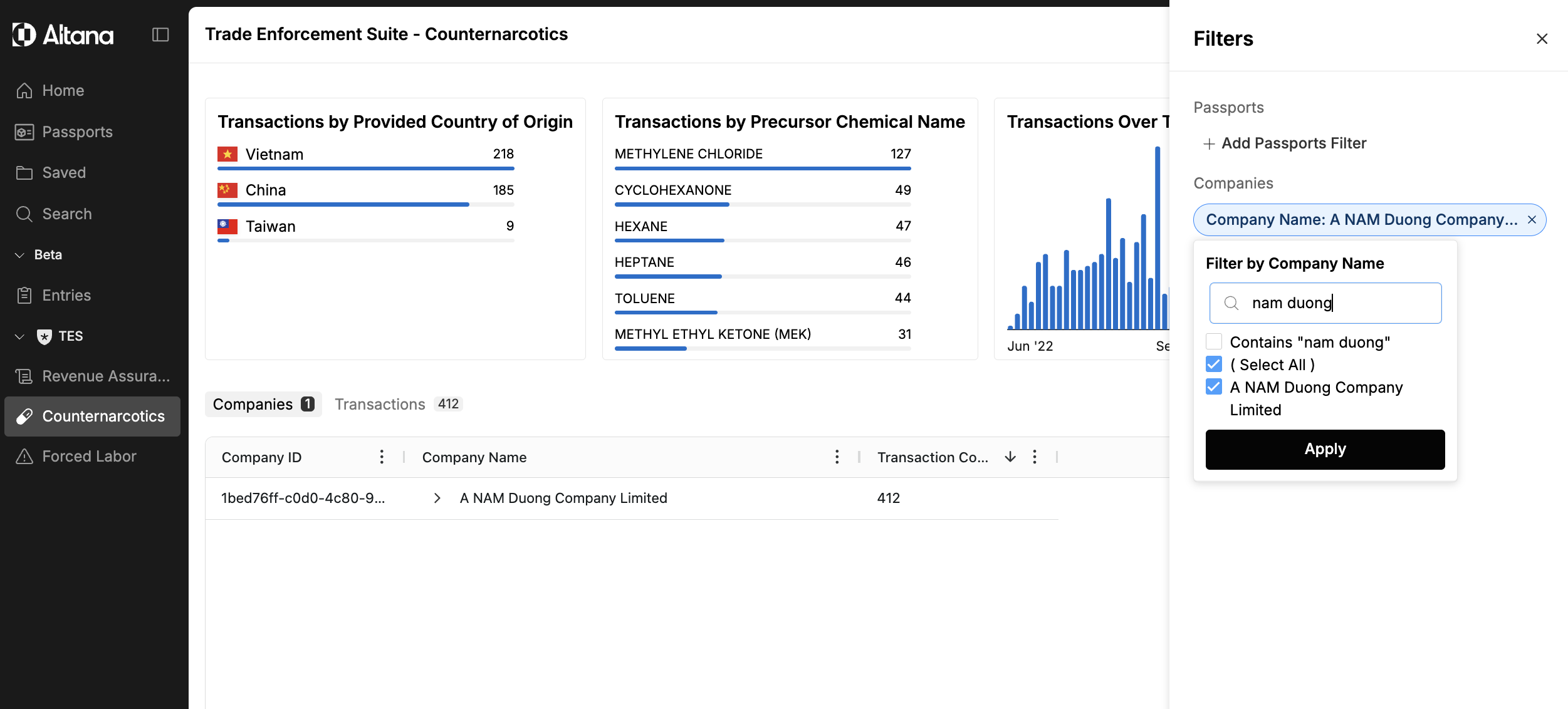 Filters panel open with a company name filter applied, narrowing to one result