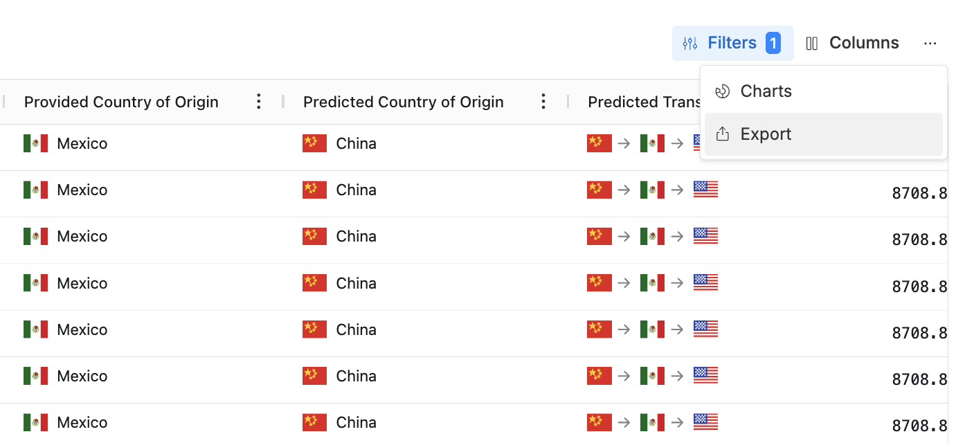 Table menu open showing Export option