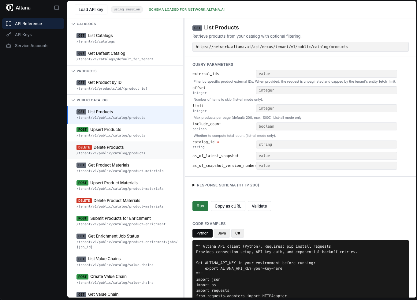 The Altana API documentation page, served from your environment at the api-docs route