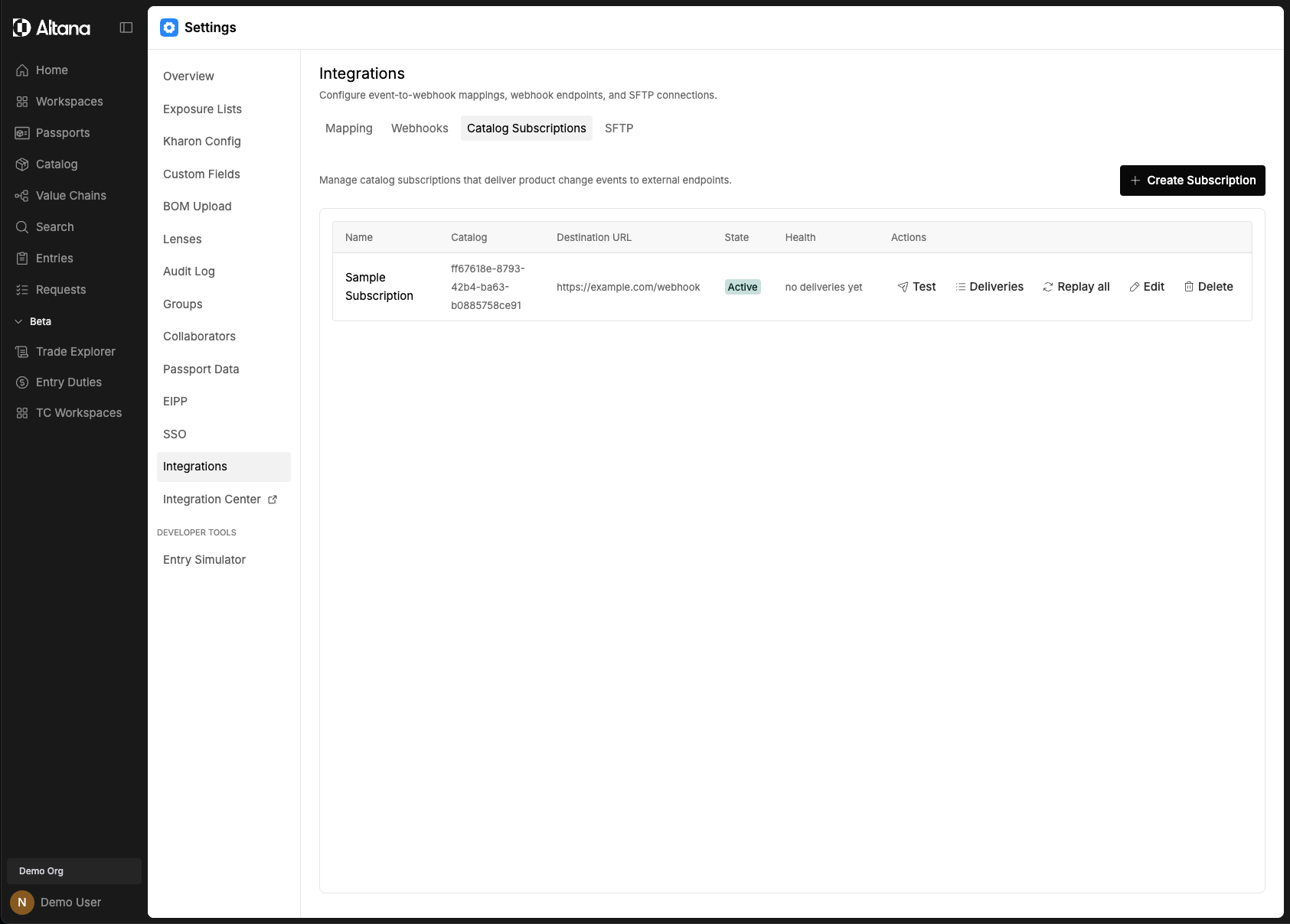 The Catalog Subscriptions tab under Settings → Integrations, listing a subscription with its catalog, destination URL, state, delivery health, and per-row actions (Test, Deliveries, Replay all, Edit, Delete).