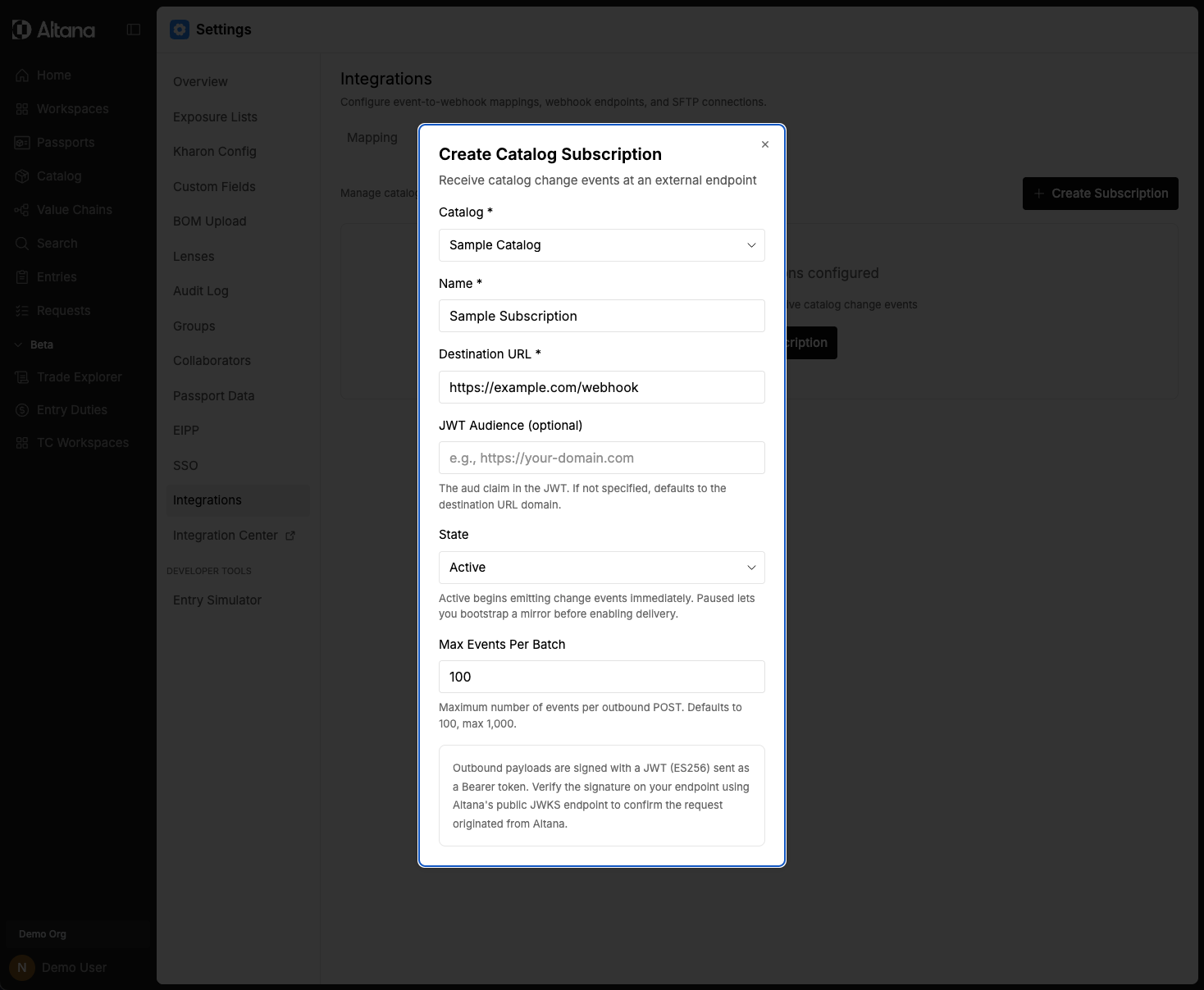 The Create Catalog Subscription dialog, with fields for Catalog, Name, Destination URL, JWT Audience, State, and Max Events Per Batch, and a note that outbound payloads are signed with a JWT (ES256).