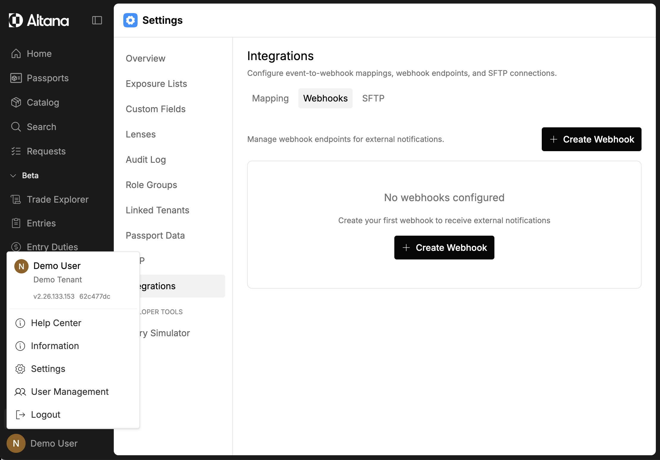 The Integrations page, accessed from Settings in the Altana platform