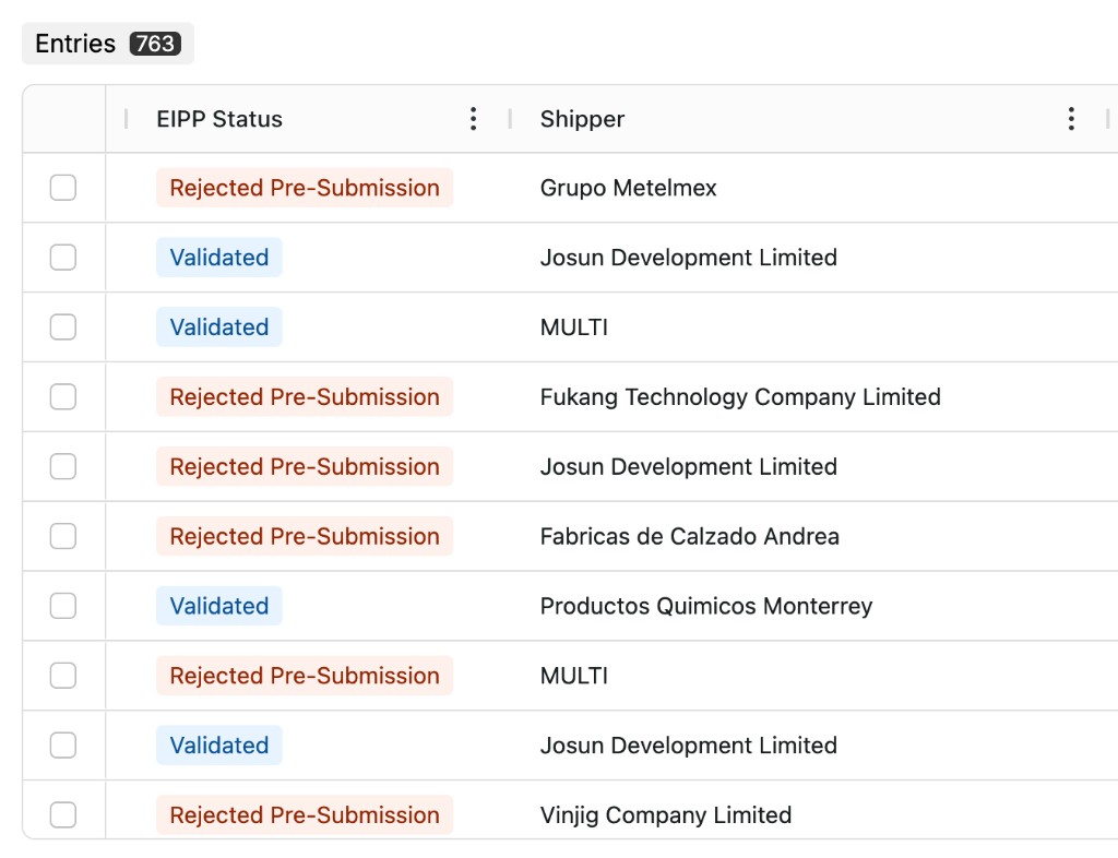 The Entries table showing Validated and Rejected Pre-Submission statuses next to each shipper