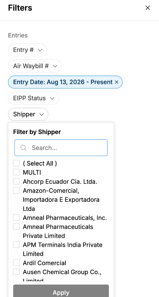 The Filters panel on the Audit tab, with shipper search and checkboxes to narrow the entries table