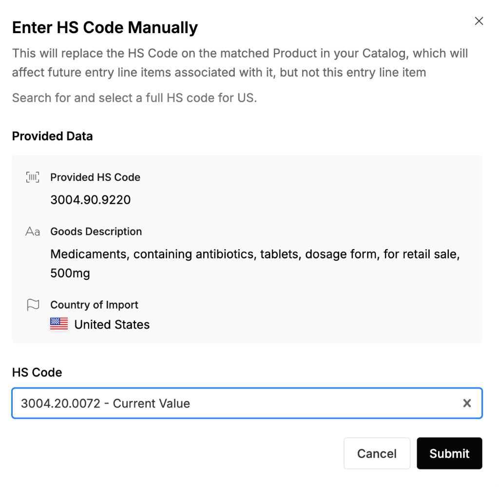 The Enter HS Code Manually dialog: replacing the HS code on the matched catalog product affects future line items, not this entry