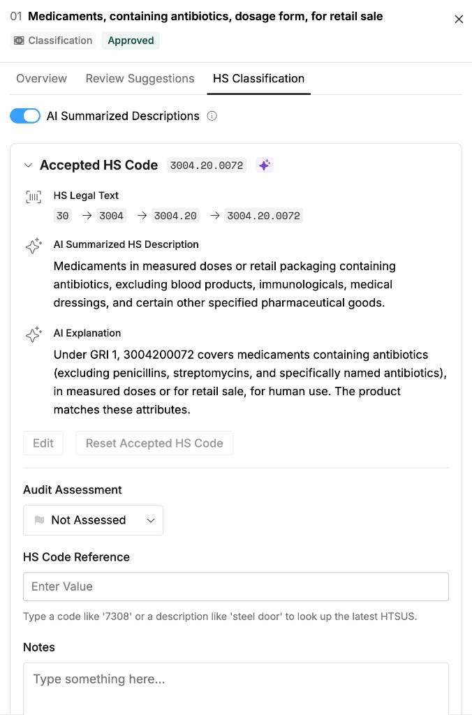 The HS Classification tab showing an accepted HS code, legal text path, AI summarized description, AI explanation, and the Audit Assessment field