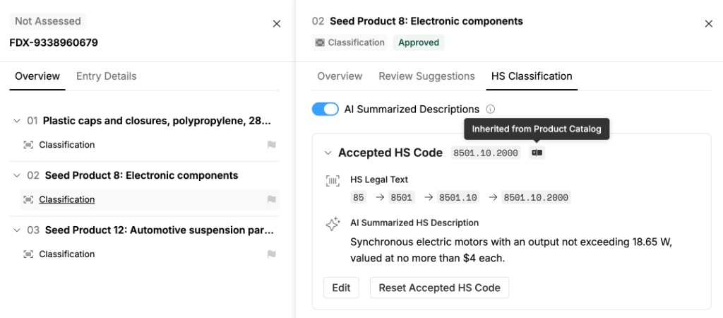 An entry opened in the Audit Lens: numbered line items in a left accordion, with Classification selected and the accepted HS code on the right