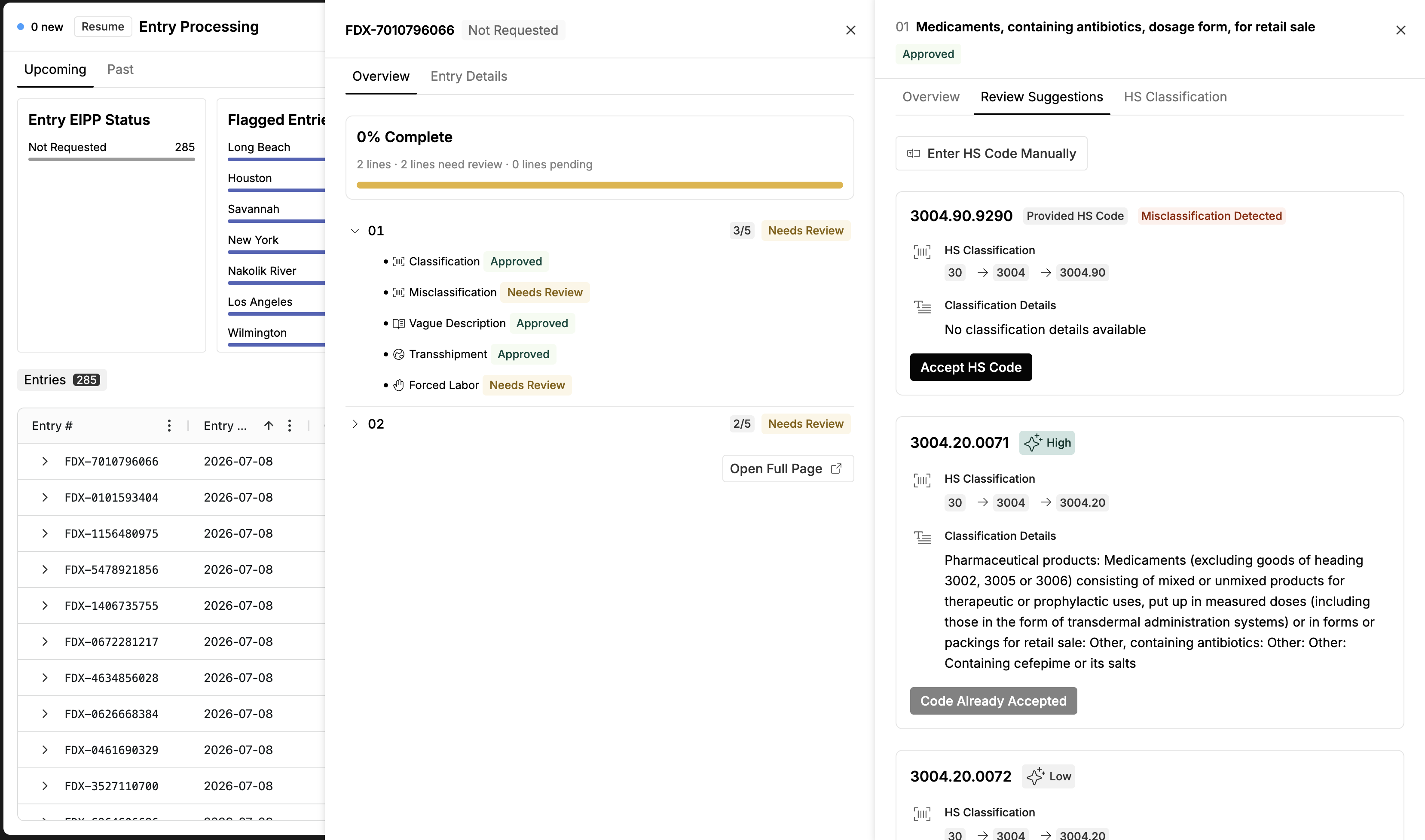 HS Classification review suggestions on a line, with suggested codes and a misclassification flag