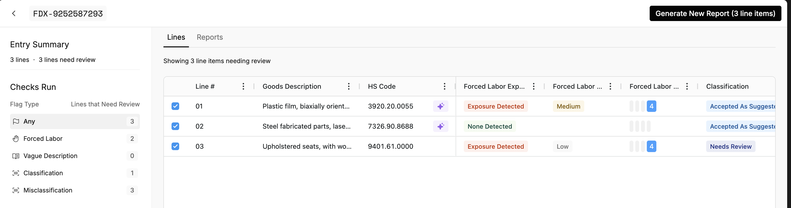 The full-page Lines view with line items selected and the Generate New Report button