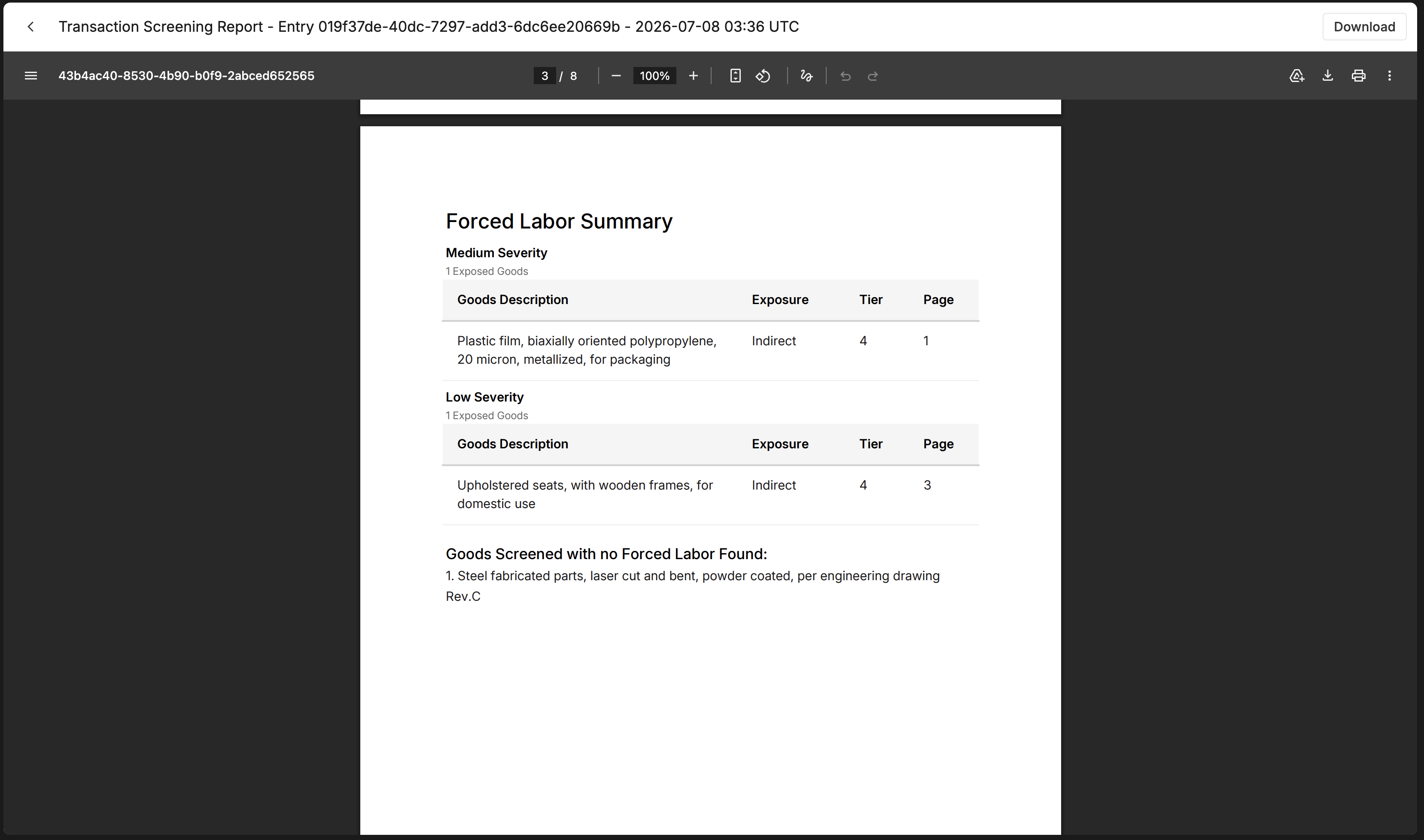 A generated Transaction Screening Report showing a Forced Labor summary grouped by severity