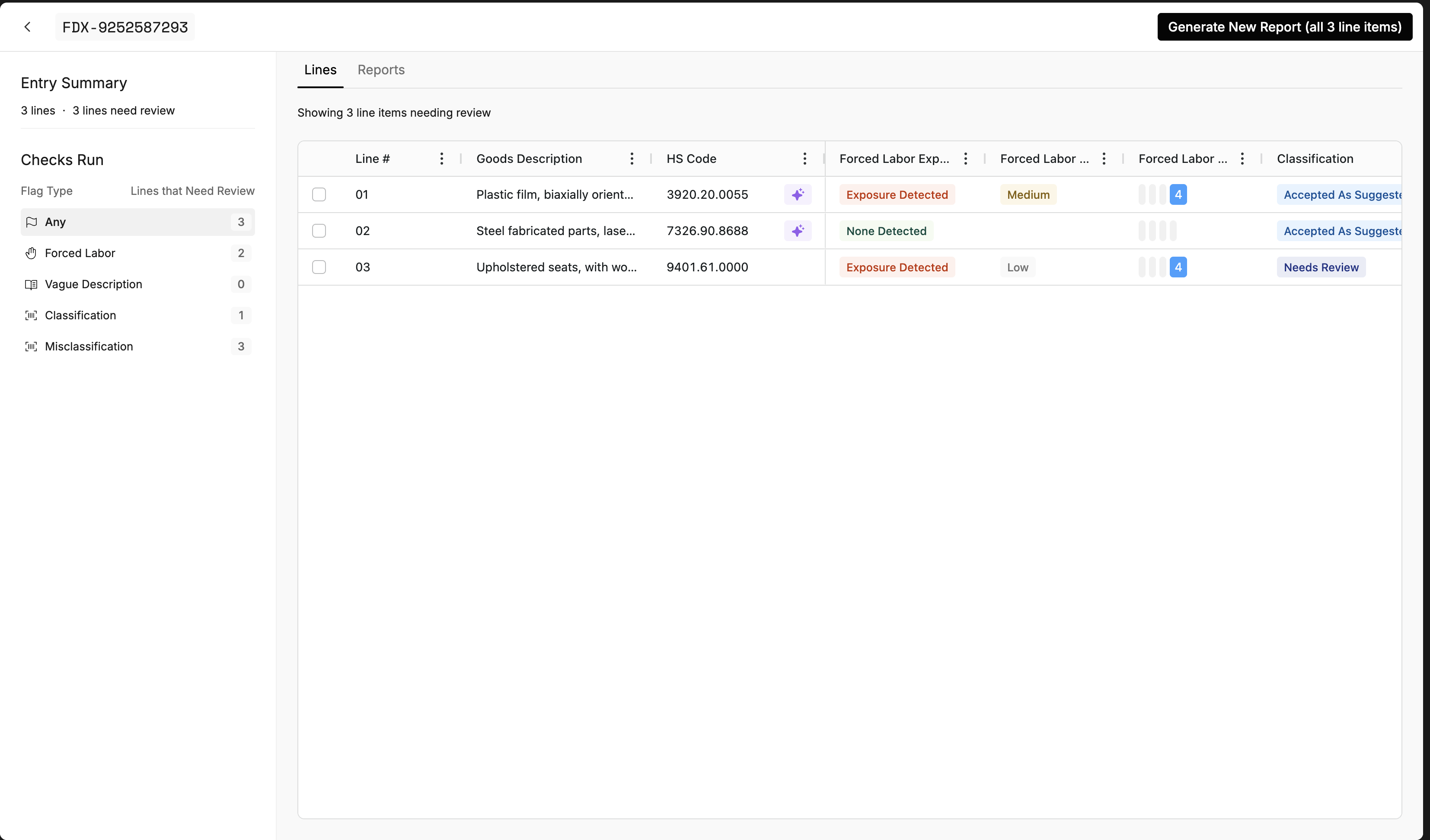 The full-page view with the checks panel on the left and the line table columns scoped to the selected check