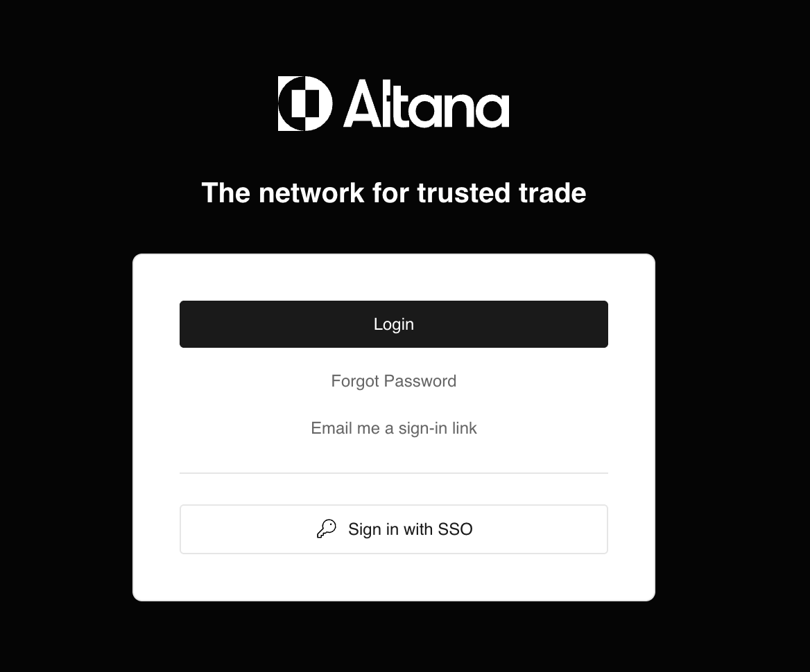 Altana login page showing login button, forgot password link, email me a sign-in link option, and sign in with SSO button
