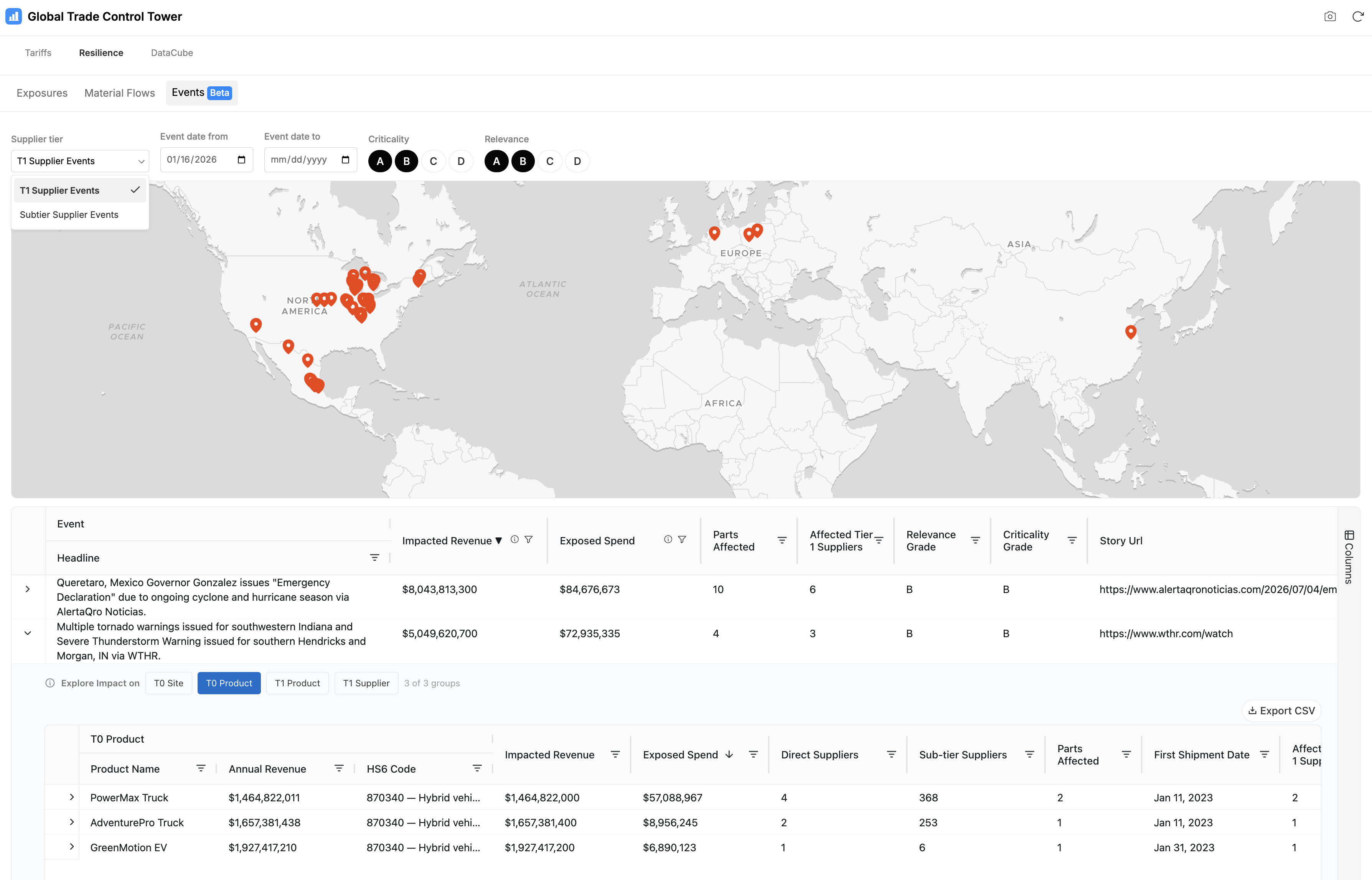 The Events view: a world map of supplier-affecting events and a list with impacted revenue, criticality, and relevance, explored in the context of Tier 0 products