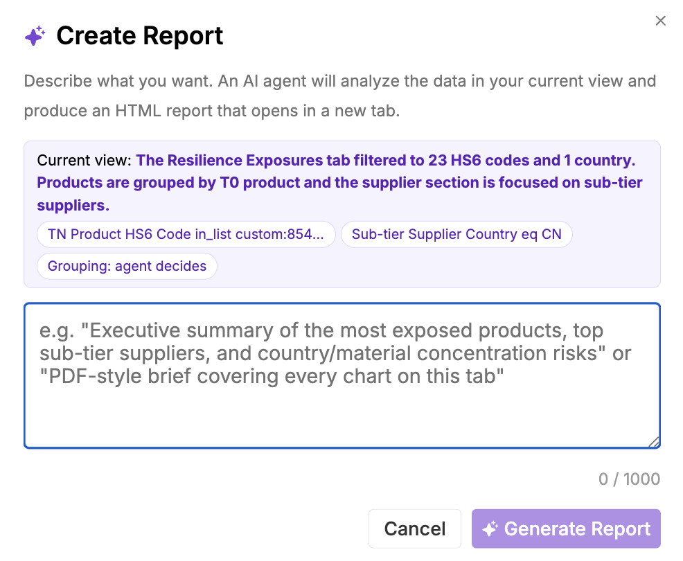 The Create Report dialog, where an agent turns the current Exposures view into a shareable report