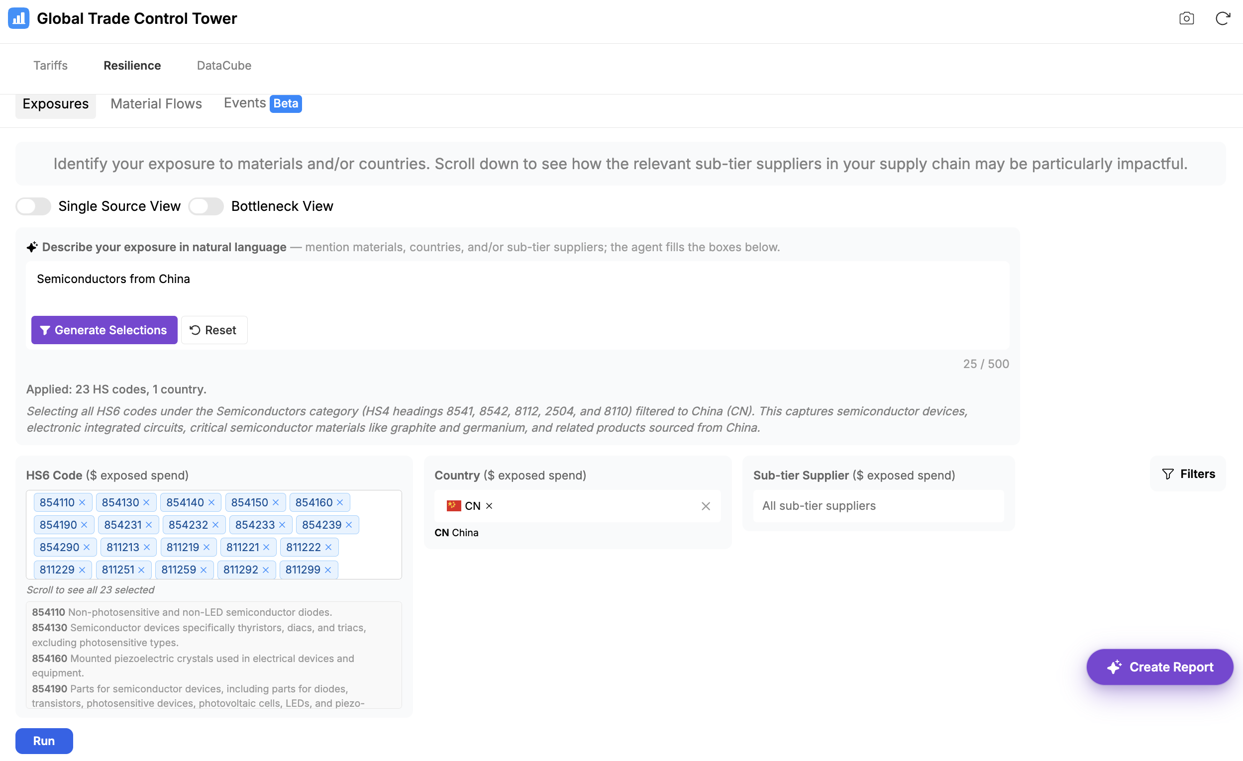 Describing an exposure in natural language, which the agent turns into HS6 code, country, and sub-tier supplier selections