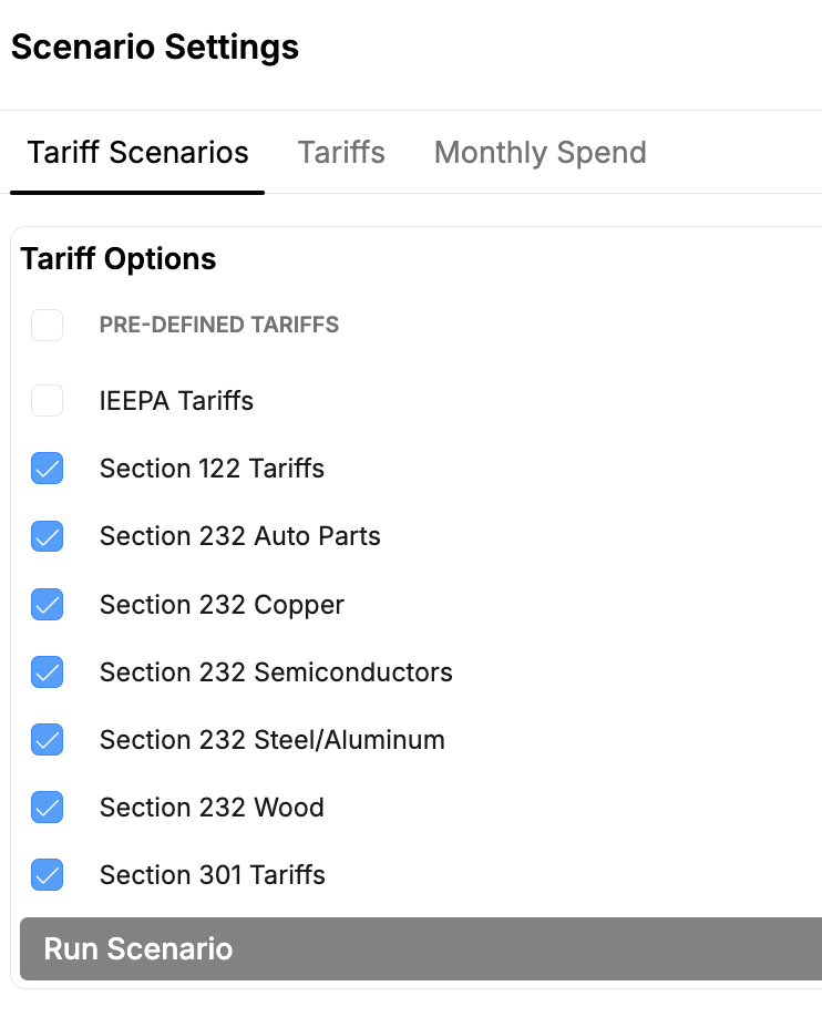 Scenario Settings with predefined tariff programs such as IEEPA, Section 122, Section 301, and Section 232 actions