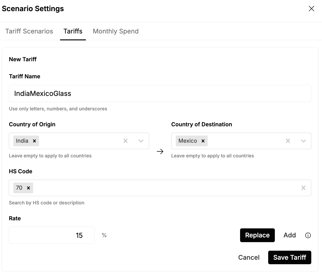 Defining a custom tariff with an origin country, destination country, HS code, and rate