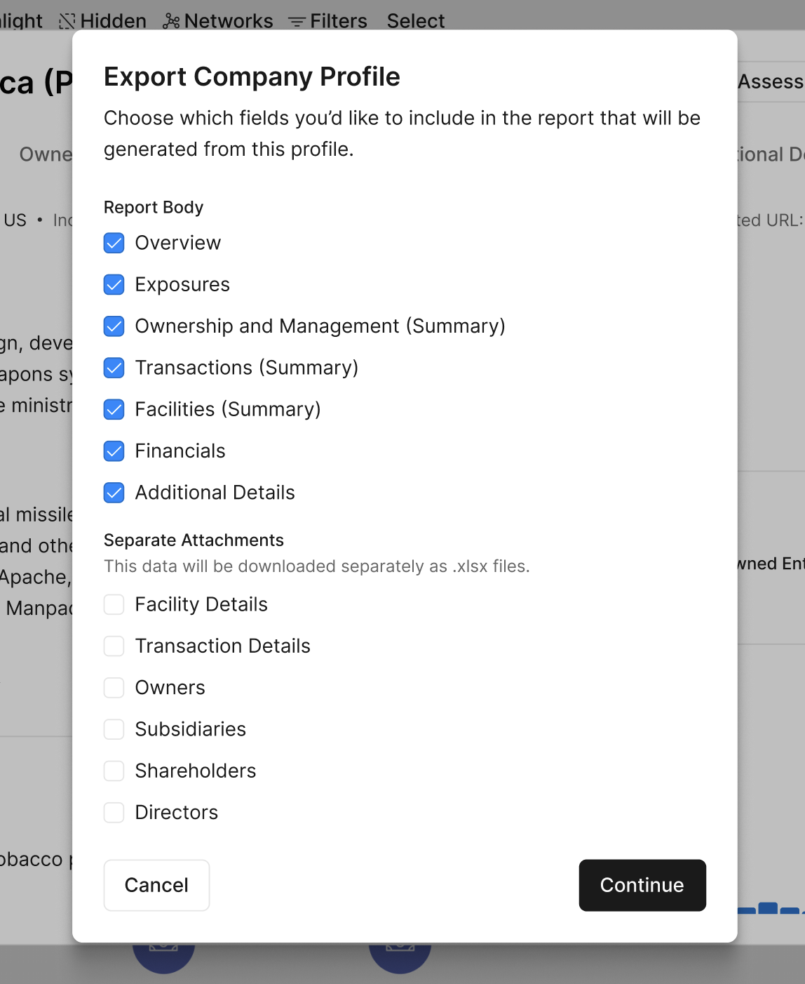 The Company Profile export modal, where you choose which report sections and data-table downloads to include before generating the PDF.