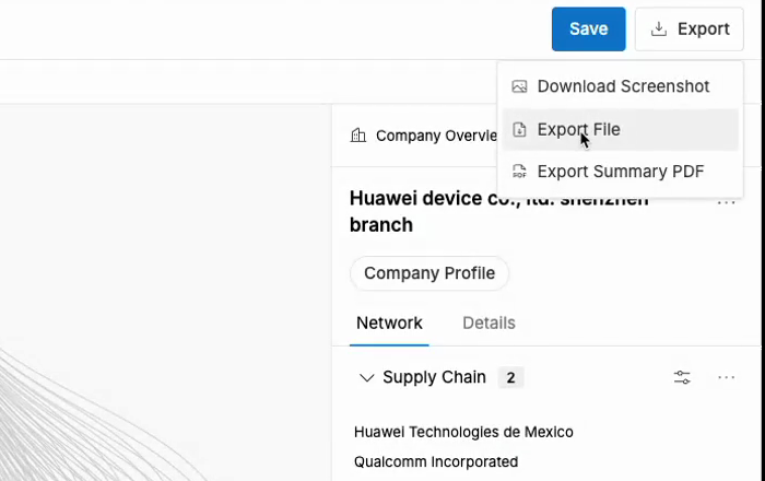 An open exploration with the Export menu expanded, showing Download Screenshot, Export File, and Export Summary PDF.