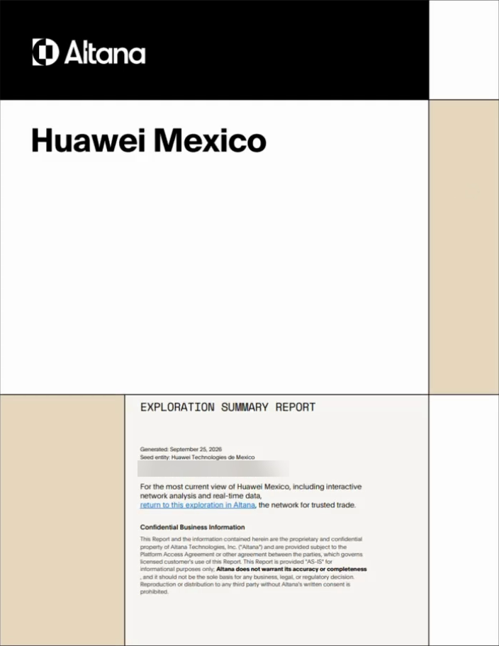 The cover page of an Exploration Summary Report, showing the report title, the generation details, and a link back to the exploration in Altana.