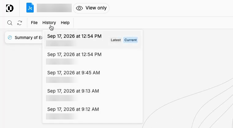 A saved exploration with the History menu open, listing versions by date, time, and user, with the latest version labeled Current.
