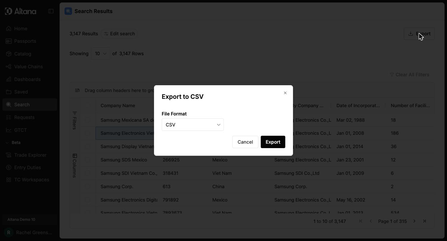 Export to CSV dialog from the results grid, with a file format selector and Cancel and Export buttons