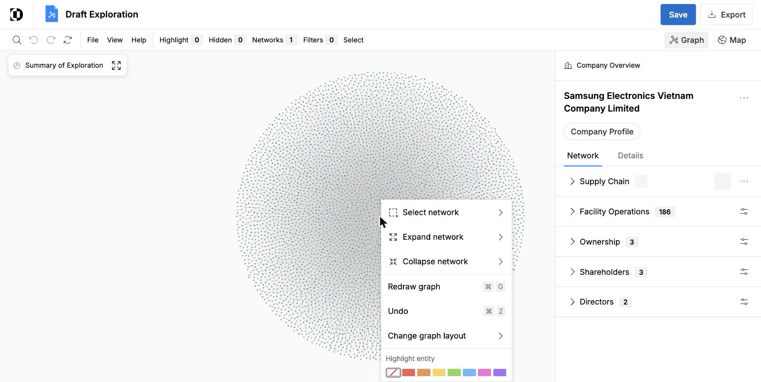 Right-click node context menu on the exploration canvas, with Select network, Expand network, Collapse network, Redraw graph, Undo, Change graph layout, and Highlight entity options, alongside the entity side panel