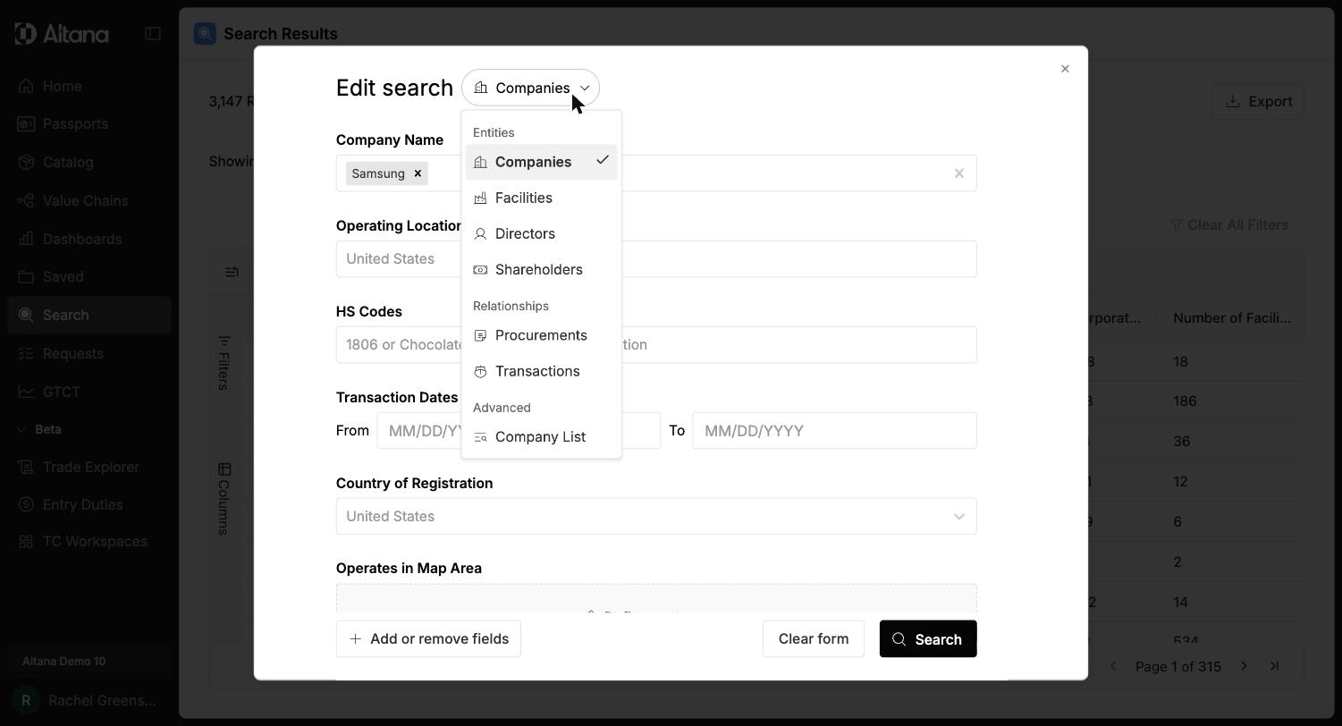 Entity-type menu grouping search options into Entities (Companies, Facilities, Directors, Shareholders), Relationships (Procurements, Transactions), and Advanced (Company List)