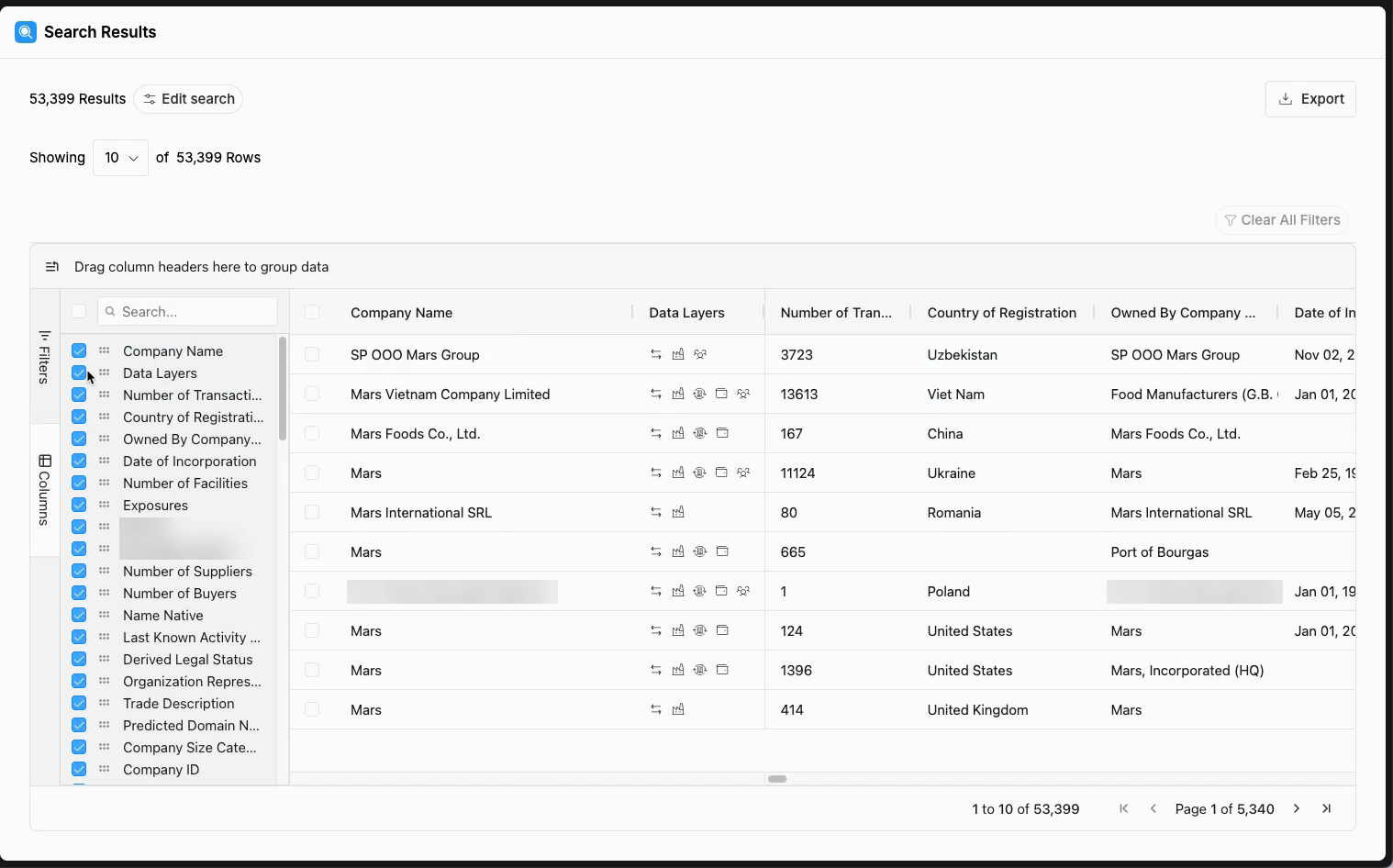 The Columns panel beside the search results grid, with Data Layers and the count columns listed and selectable.