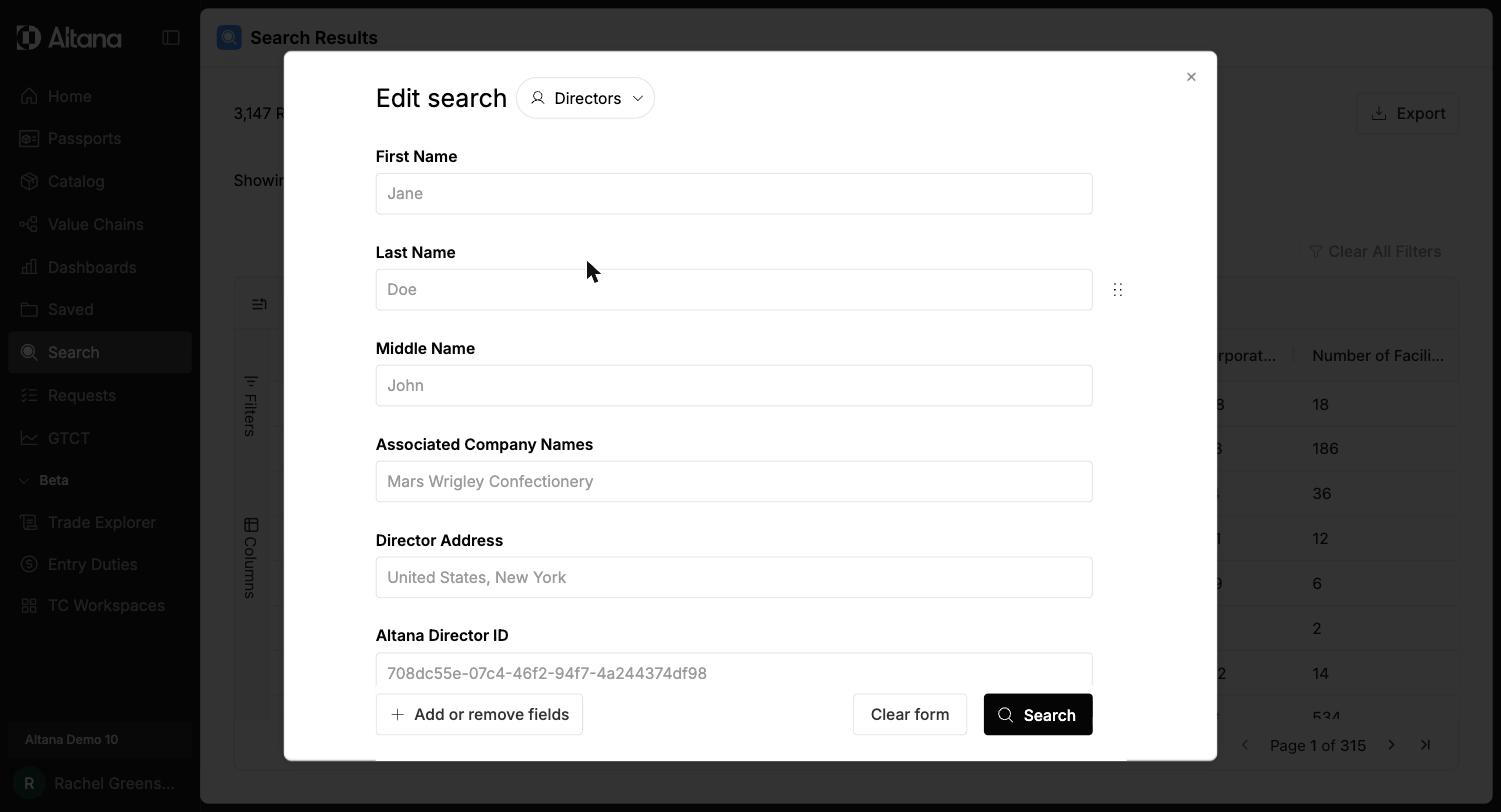 Directors search form with First, Last, and Middle Name, Associated Company Names, Director Address, and Altana Director ID fields
