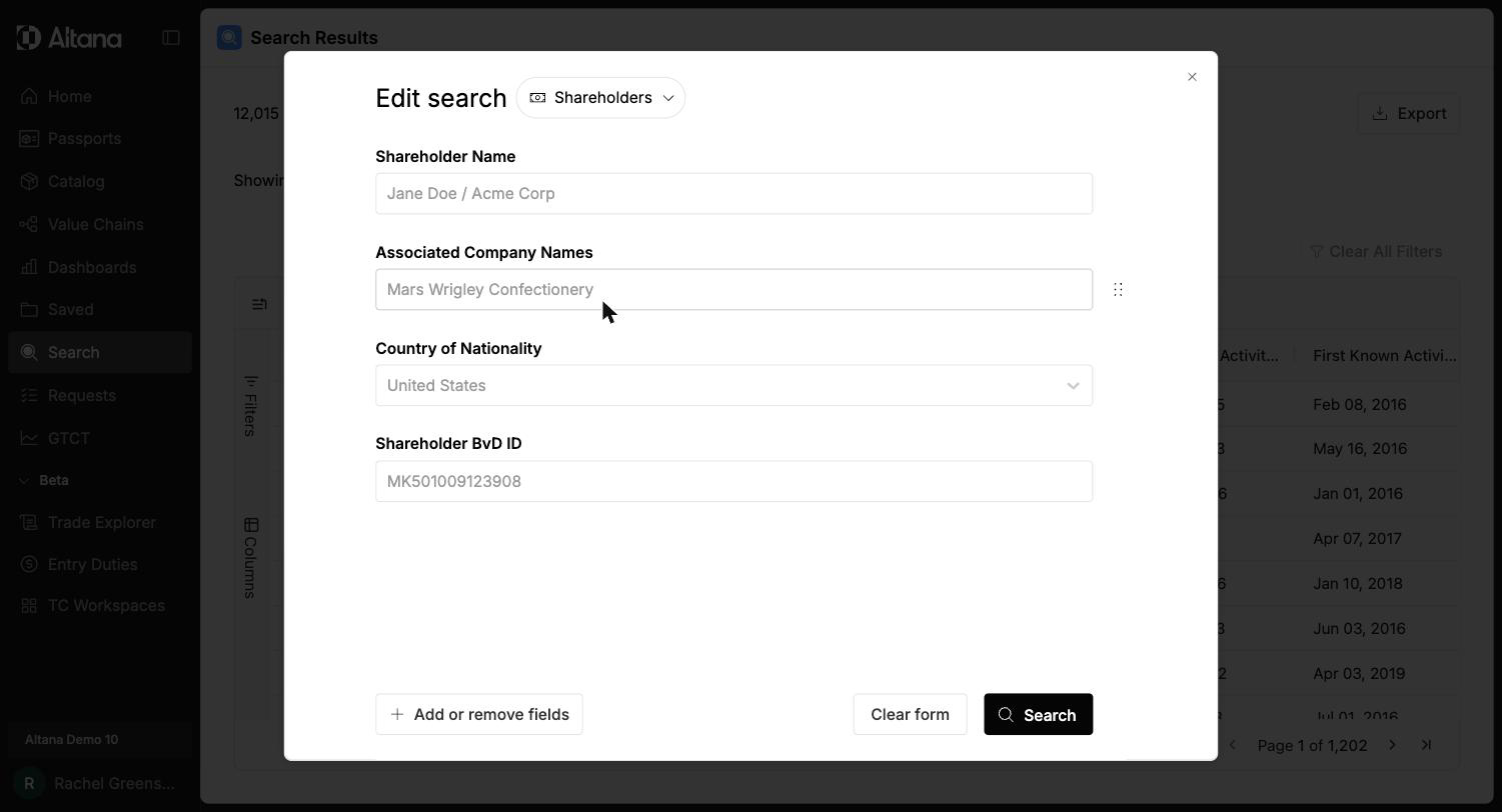 Shareholders search form with Shareholder Name, Associated Company Names, Country of Nationality, and Shareholder ID fields