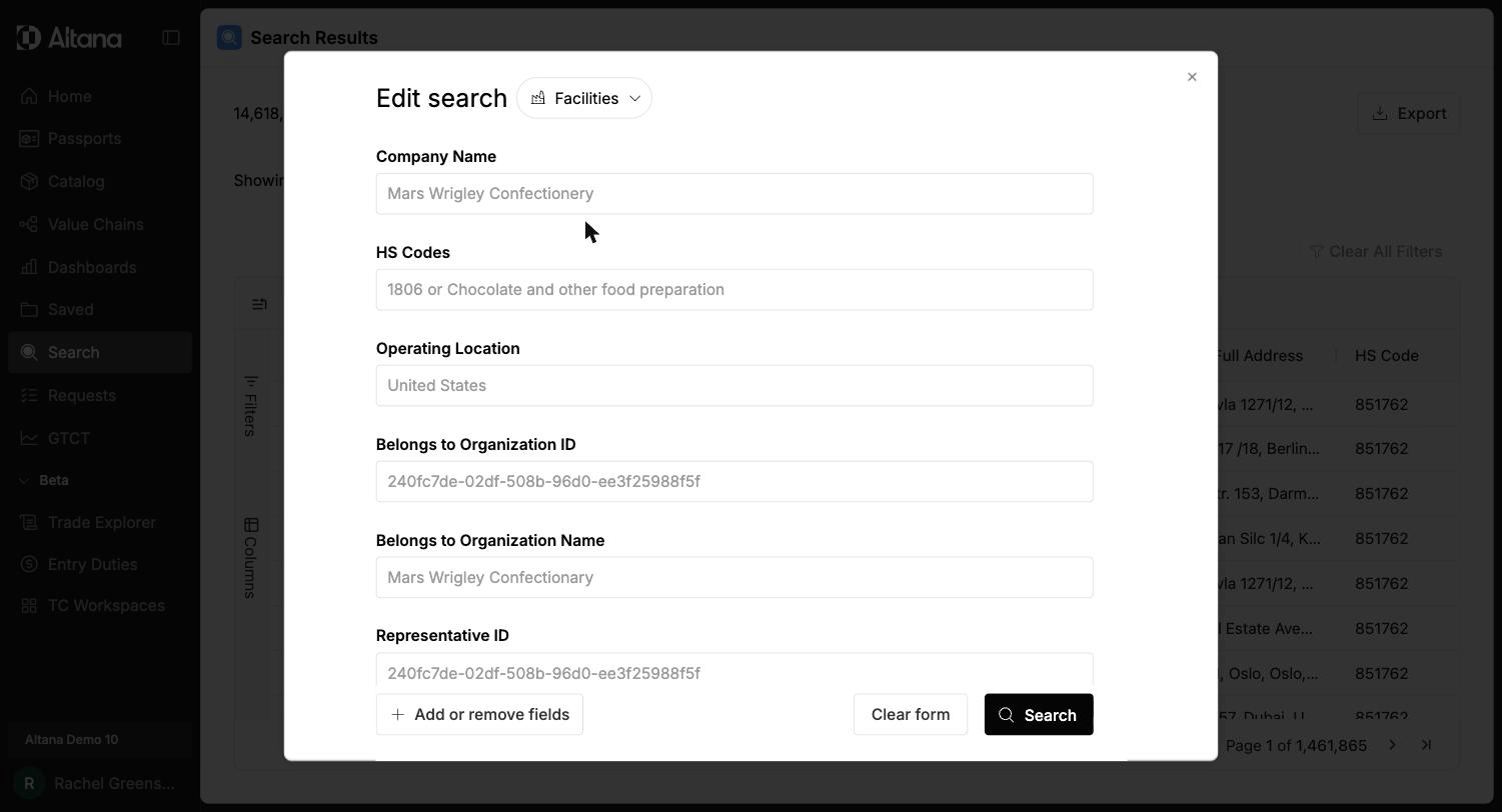 Facilities search form with Company Name, HS Codes, Operating Location, Belongs to Organization ID, Belongs to Organization Name, and Representative ID fields