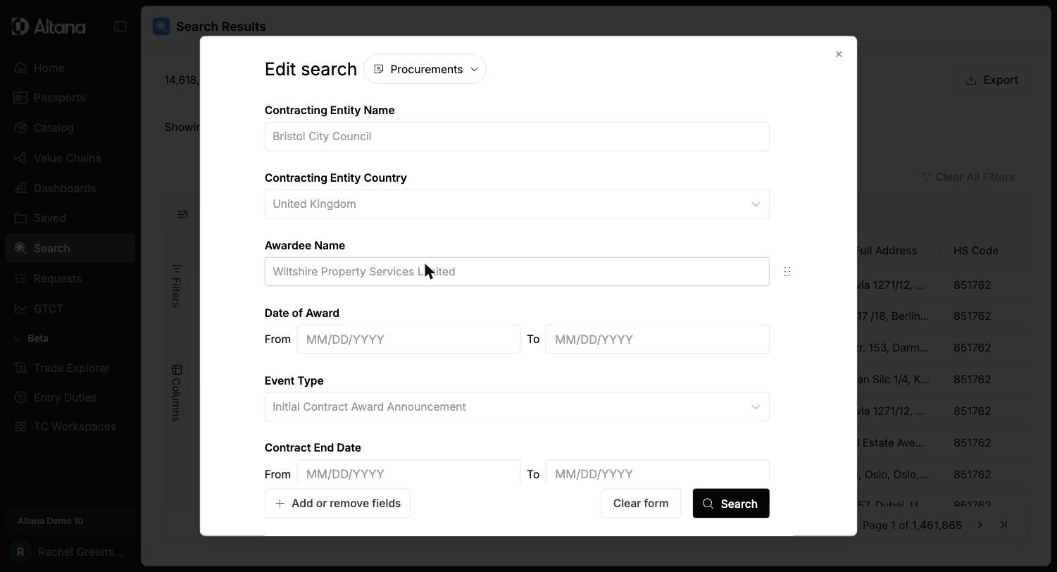 Procurements search form with Contracting Entity Name, Contracting Entity Country, Awardee Name, Date of Award, Event Type, and Contract End Date fields