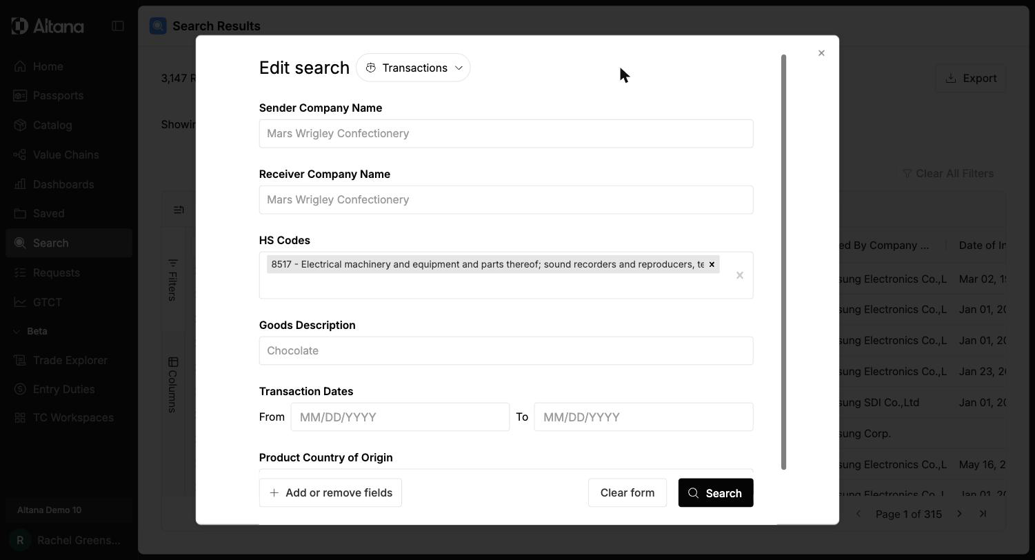 Transactions search form with Sender Company Name, Receiver Company Name, HS Codes, Goods Description, Transaction Dates, and Product Country of Origin fields